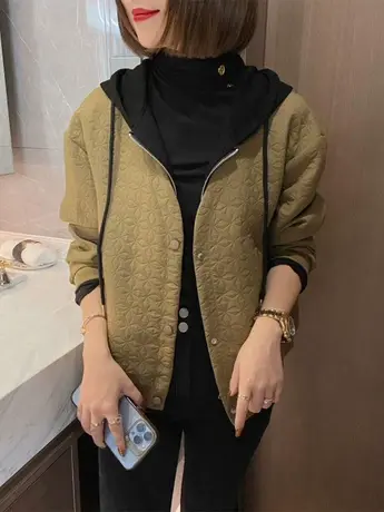 连帽拼接假两件菱形格棒球服外套女2023秋冬新款宽松显瘦夹克上衣商品大图