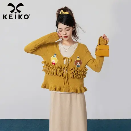 KEIKO姜黄色木耳花边V领针织衫女2023秋冬新款短款小洋装针织上衣商品大图