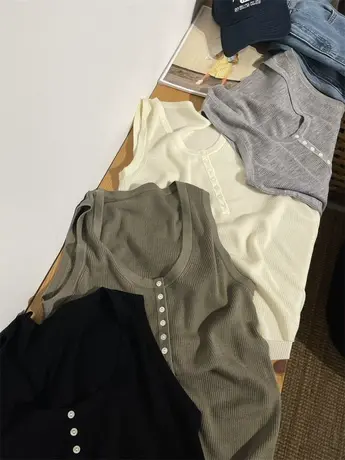 超细羊毛U领排扣薄款针织吊带背心女2023早秋新款显瘦打底上衣商品大图