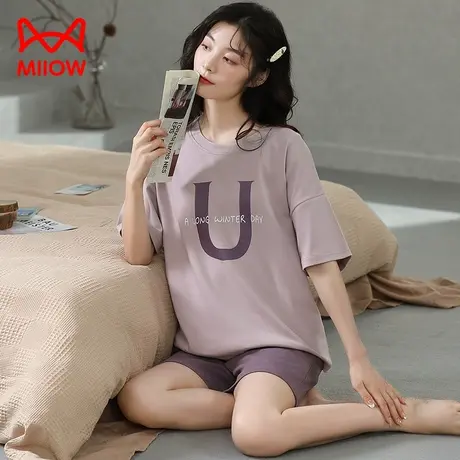 猫人睡衣女2023新款夏季宽松短袖圆领上衣套装可外穿睡裤家居服女图片