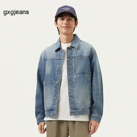 gxg.jeans男装 蓝色复古水洗宽松休闲翻领牛仔夹克外套男25春新品图片