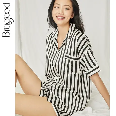 睡衣女夏季冰丝薄款经典条纹家居服休闲ins风短袖短裤两件套装商品大图