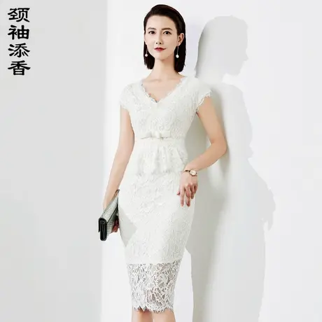 颈袖添香2024秋季新款裙子修身显瘦无袖气质包臀白色蕾丝连衣裙女图片