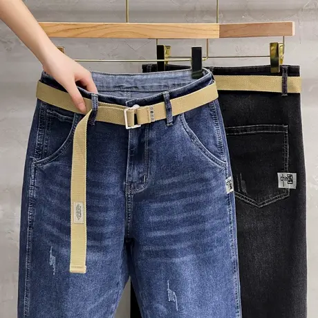 送皮带刺绣牛仔裤男直筒修身小脚潮牌休闲秋季长裤2023新款男裤子图片