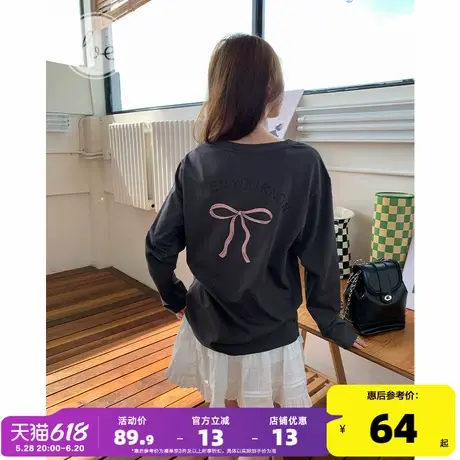 yoe纯棉长袖t恤女后背蝴蝶结印花宽松上衣女装春秋圆领女款内搭商品大图