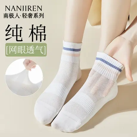 南极人袜子女士夏季薄款纯棉防臭抗菌白色短袜网眼透气运动短筒袜商品大图
