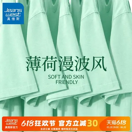 GV真维斯浅绿色短袖t恤男款2025夏季薄荷漫波风纯棉半袖男打底衫C商品大图