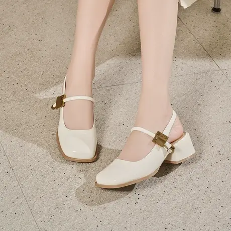 戈美其玛丽珍女鞋2025夏季新款空鞋方头中跟一字带单鞋包头凉鞋女图片