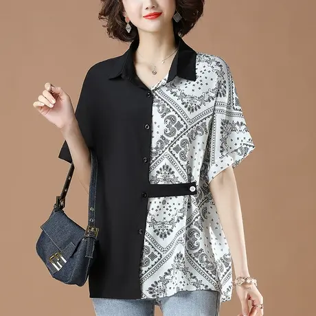 休闲衬衫女夏季宽松加肥加大码女装上衣遮肚显瘦雪纺拼接短袖衬衣商品大图