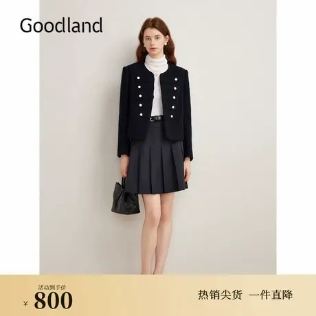 Goodland美地秋季小香风纯绵羊毛纽扣装饰短款外套图片