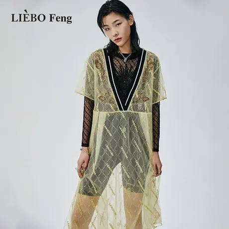 裂帛LIEBOFeng2023年新款商场同款清新柠檬黄蕾丝短袖连衣裙女图片