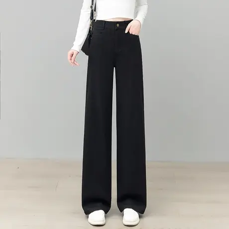 拉夏贝尔阔腿裤牛仔裤女秋2025新款长裤高腰百搭宽松窄版直筒裤子商品大图