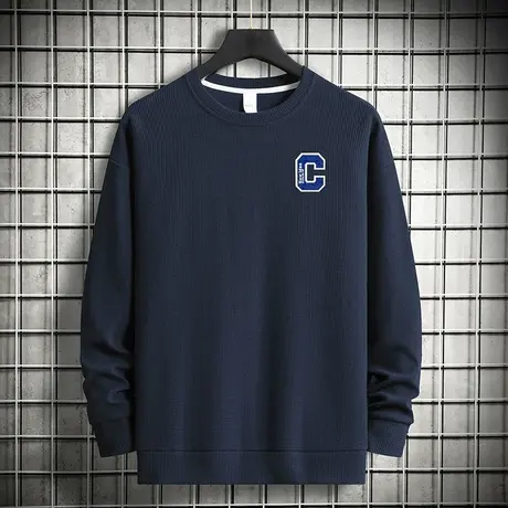 华夫格卫衣男2023秋季新款圆领长袖t恤无帽衫上衣服宽松潮流百搭图片