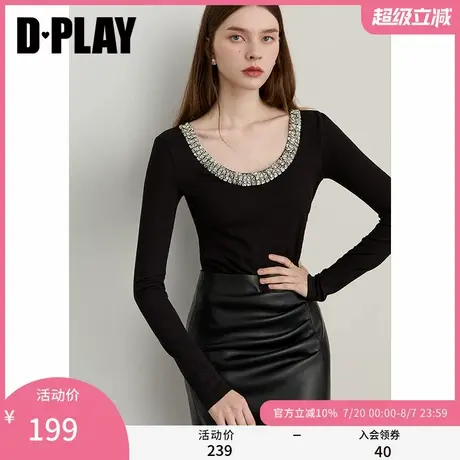 DPLAY【轻奢闪钻系列】2025秋季新款黑色t恤女修身弹力长袖上衣商品大图