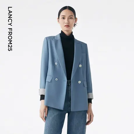 LANCY/朗姿2023秋冬新款修身双排扣职业西装外套女中长款简约时尚商品大图