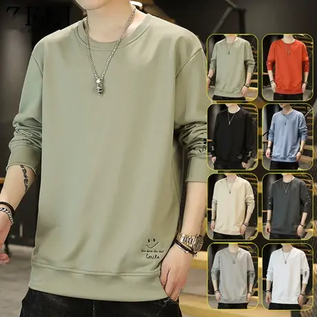 圆领卫衣男长袖t恤春秋季纯色百搭刺绣男士韩版潮流ins修身打底衫商品大图