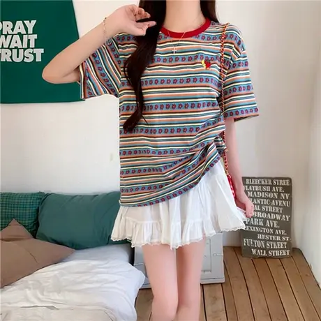 彩色条纹刺绣短袖t恤衫女夏季2025新款设计感正肩半袖多巴胺上衣图片