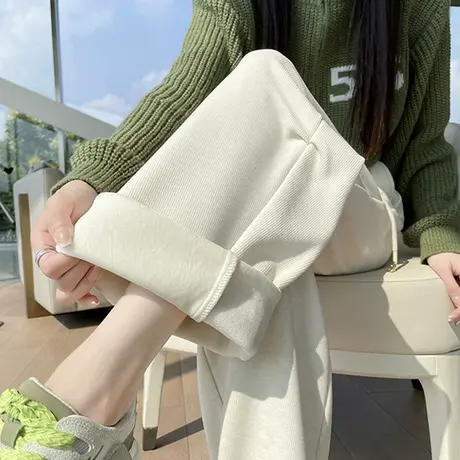 加绒米白色雪尼尔阔腿裤女秋冬季高腰垂感灯芯绒显瘦直筒休闲裤子图片