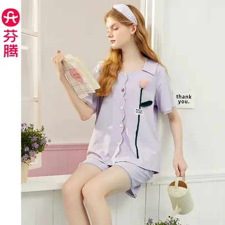 芬腾睡衣女纯棉夏短袖翻领开衫休闲可外穿全棉韩版少女家居服套装图片