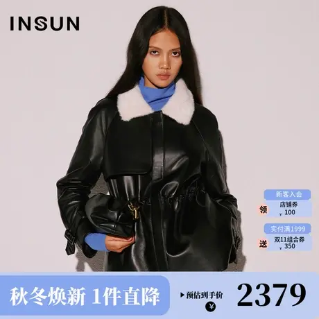 恩裳COVER2023年冬装新款柔软水貂领腰间抽绳绵羊皮风衣款皮羽绒商品大图