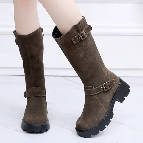 2023秋季新款磨砂真皮大码中筒靴41一43中跟加绒显瘦粗跟骑士靴图片