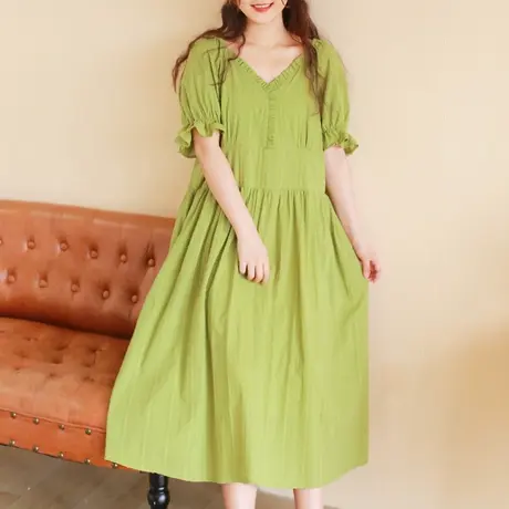 胖妹妹夏装复古文艺果绿色棉质长裙加大码2022新款V领连衣裙200斤商品大图