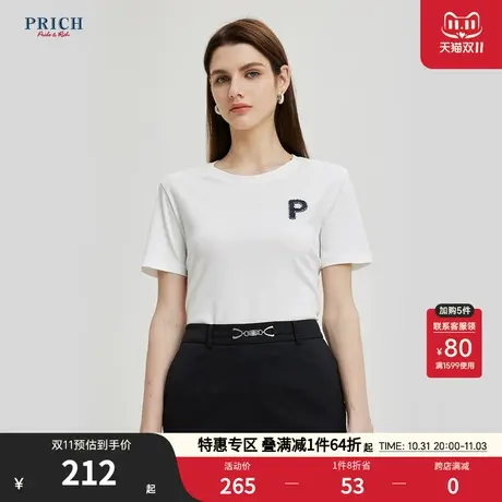 PRICH2023夏新珠绣装饰字母logo舒适柔和T恤棉短袖上衣女商品大图
