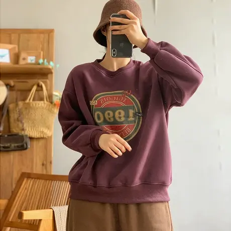 dza 复古短款套头圆领长袖加绒卫衣外套女秋冬保暖宽松休闲上衣女图片