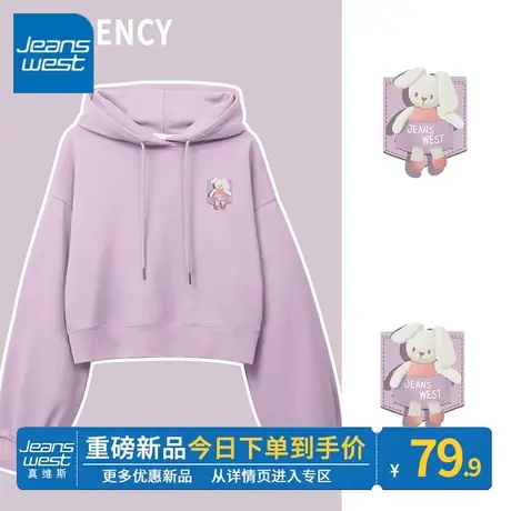 ZR真维斯紫色短款卫衣女2023春秋新款爆款美式连帽设计感上衣外套图片