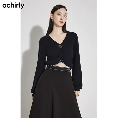 【七七酱专享】欧时力 千禧辣妹风毛衣新款秋装垂褶短上衣商品大图