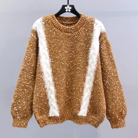 复古撞色条纹毛衣女秋冬2023新款宽松慵懒风加厚套头针织衫上衣商品大图