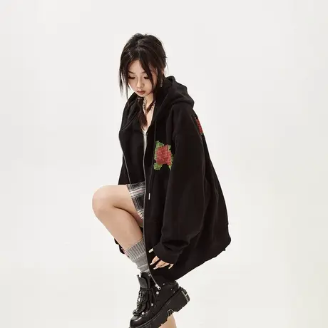 YEP潮牌oversize连帽卫衣女秋冬2023年新款美式复古宽松开衫外套商品大图