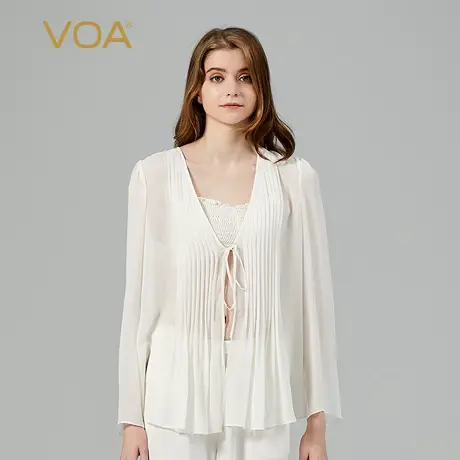 VOA桑蚕丝乔其纱茶白色V领长袖系带风琴褶直筒宽松百搭真丝外套女图片