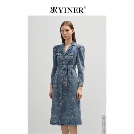 YINER音儿女装春季时尚绣花羊腿袖收腰牛仔连衣裙图片