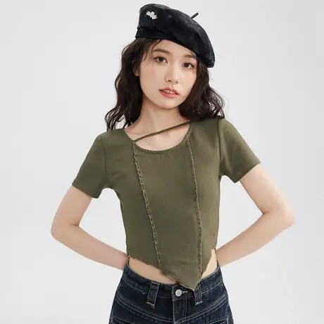 木耳边别致高级感锁骨辣妹短款上衣女夏法式不规则设计感短袖t恤图片