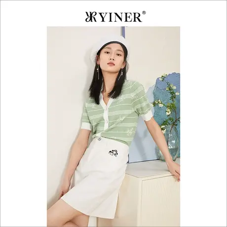 YINER音儿女装2022夏季新款撞色条纹亮丝针织开衫商品大图