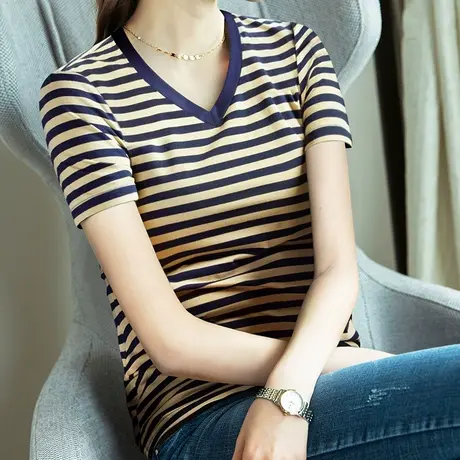 V领条纹T恤短袖女宽松2024新款夏季上衣显瘦韩版体恤内搭打底衫潮商品大图