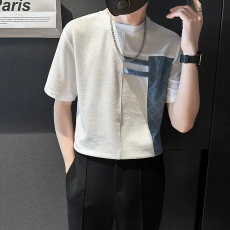 夏季男时尚设计感拼接休闲新款2023修身高级感体恤衫短袖t恤衣服商品大图