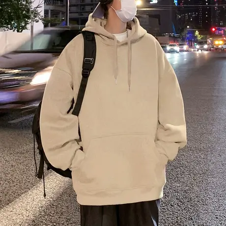 纯色连帽卫衣男春秋季新款潮牌美式休闲套头外套宽松百搭重磅上衣商品大图