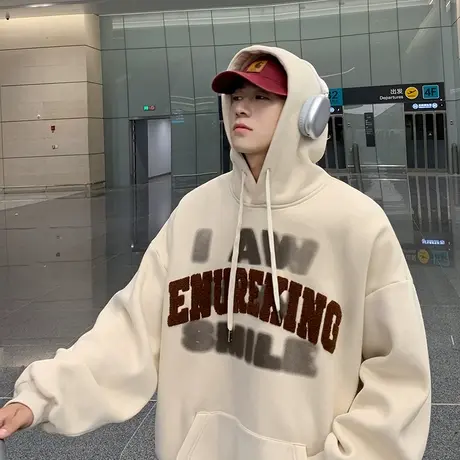 美式字母套头连帽卫衣男秋冬季潮牌2023新款秋装外套hiphop上衣服图片