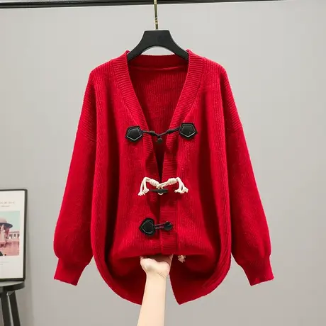 2023新款春季韩版宽松V领纯色牛角扣针织衫毛衣外套厚款女士开衫商品大图