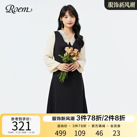 Roem春秋新款拼接时尚复古优雅气质连衣裙甜美V领黑色中长裙女图片