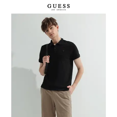 【38上新季】GUESS男士黑色翻领时尚宽松潮流百搭T恤短袖体恤衫商品大图