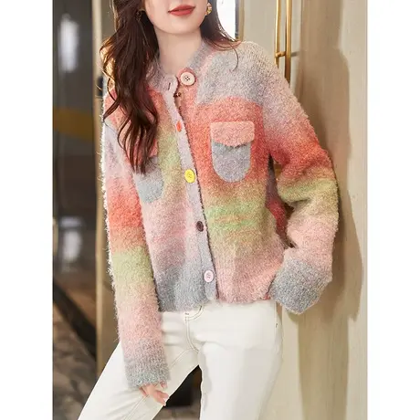 宝诗黎圆领单排扣针织开衫休闲上衣2023秋季新款时尚减龄彩色毛衣商品大图