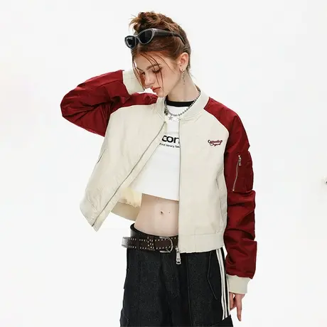 美式复古拼接短款棒球服女外套2024年新款春秋款潮牌修身夹克上衣图片