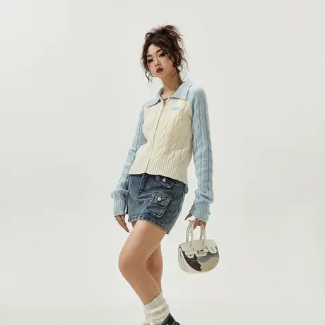 YEP设计感蓝色拼接短款拼接毛衣女春秋2024新款针织衫外套开衫潮商品大图