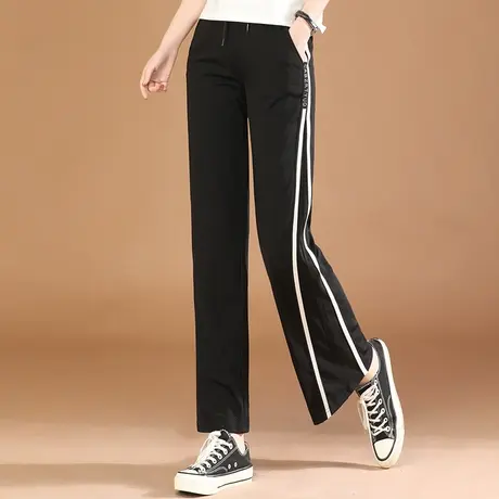 韩潮袭人松紧腰运动宽松休闲长裤女夏季新款条纹撞色阔腿拖地裤薄图片