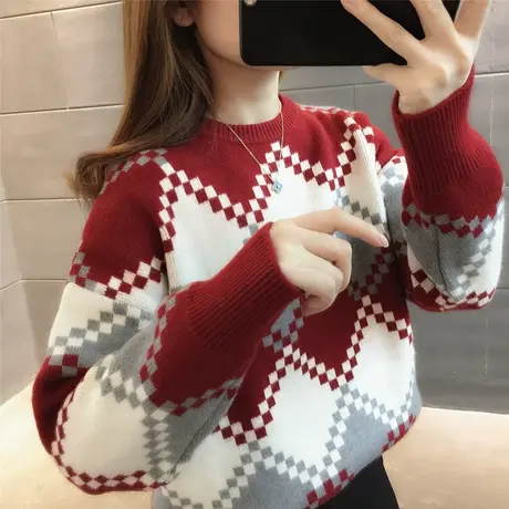2023年春季新款圆领新年毛衣格子打底针织衫套头气质女士上衣衬衫图片