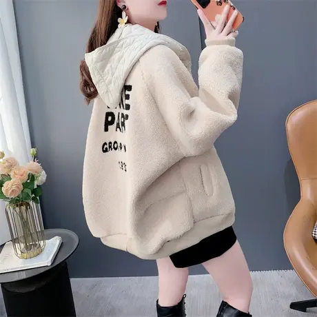 连帽假两件颗粒羊羔毛外套女2023新款秋冬宽松爆款欧洲站加厚上衣图片