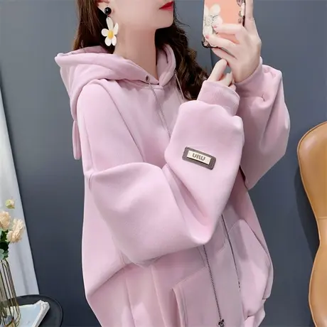 设计感加绒加厚连帽卫衣女秋冬2023年新款宽松慵懒风洋气休闲上衣商品大图